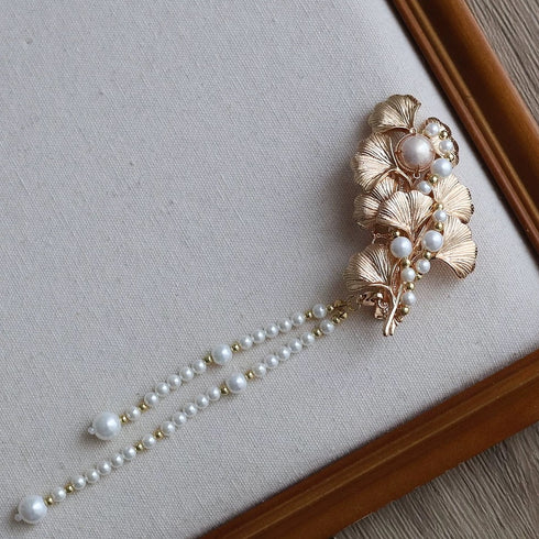 Gold Leaf and Pearl Hair Barrette with Tassels